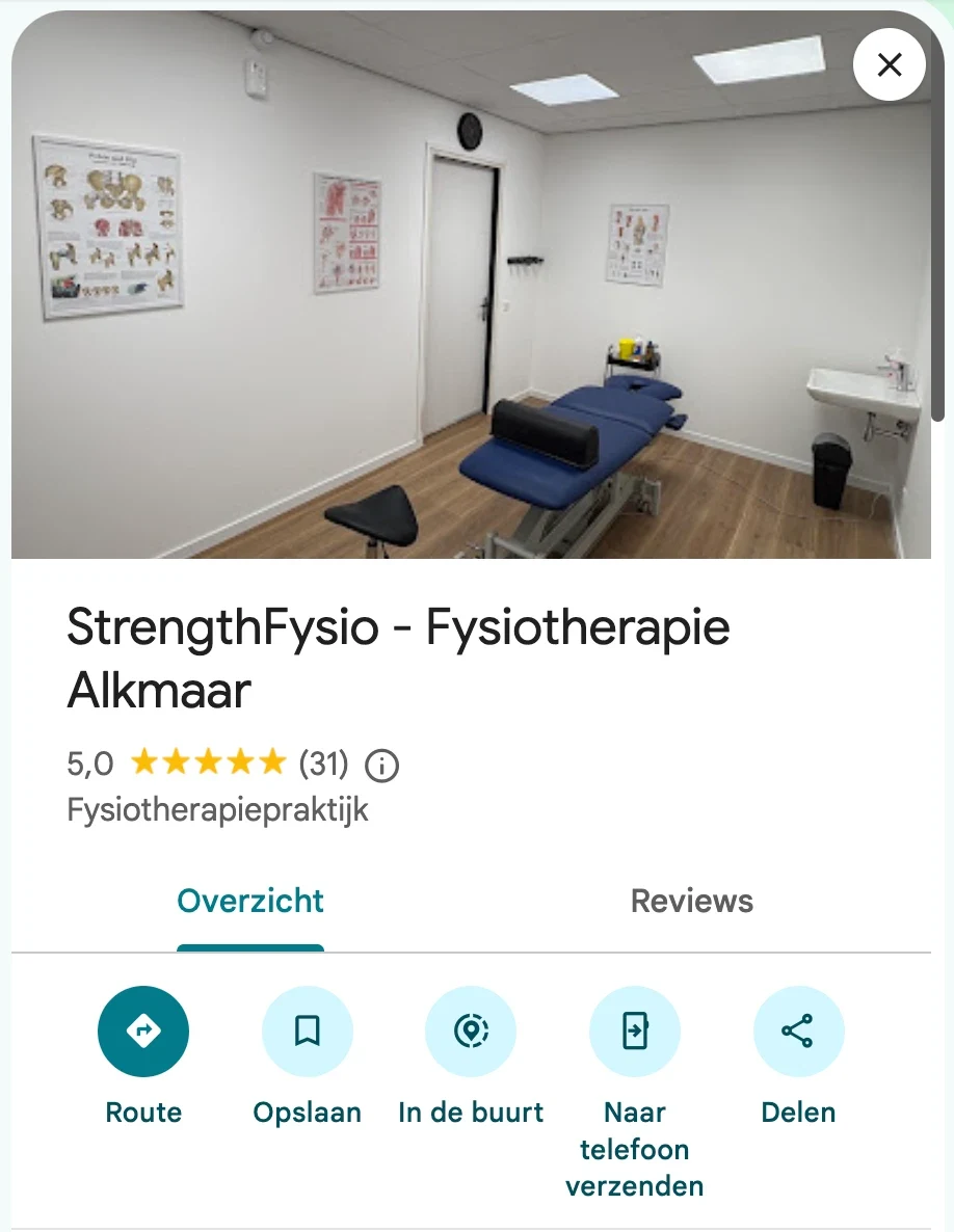 Google Bedrijfsprofiel van StrengthFysio Alkmaar met 5,0 sterren uit 31 reviews.