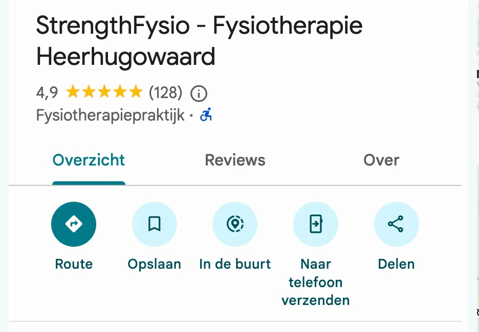 Google Bedrijfsprofiel van StrengthFysio Heerhugowaard met 4,9 sterren uit 128 reviews.