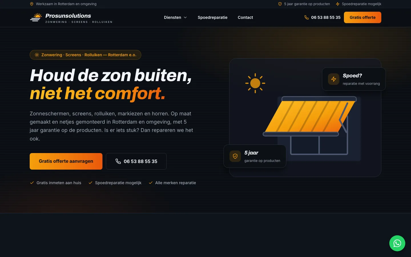Homepage van Prosunsolutions, zonwering in Rotterdam